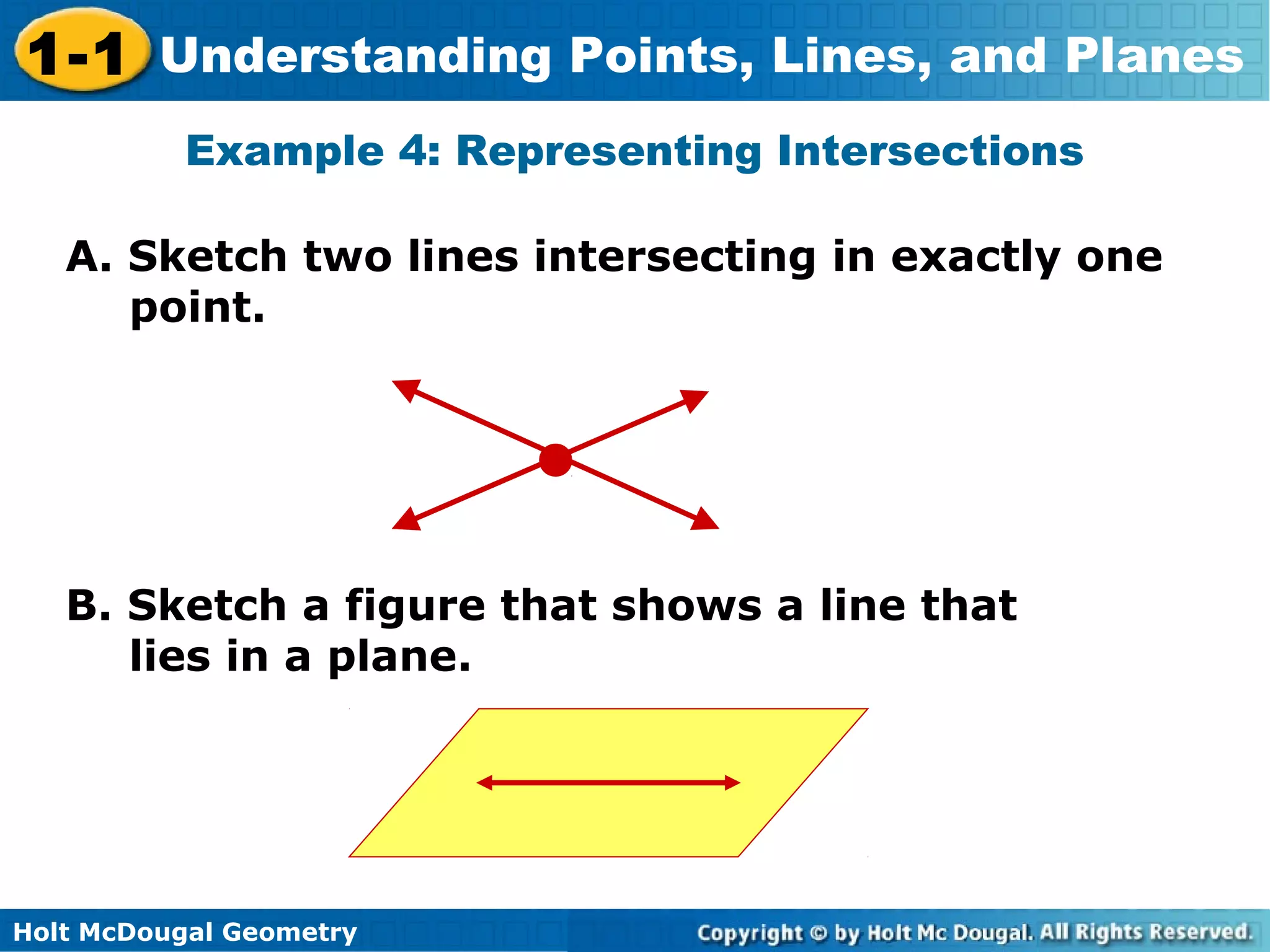 1-1 Understanding Points, Lines, and Planes
Example 4: Representing Intersections
A. Sketch two lines intersecting in exactly one
point.

B. Sketch a figure that shows a line that
lies in a plane.

Holt McDougal Geometry

 