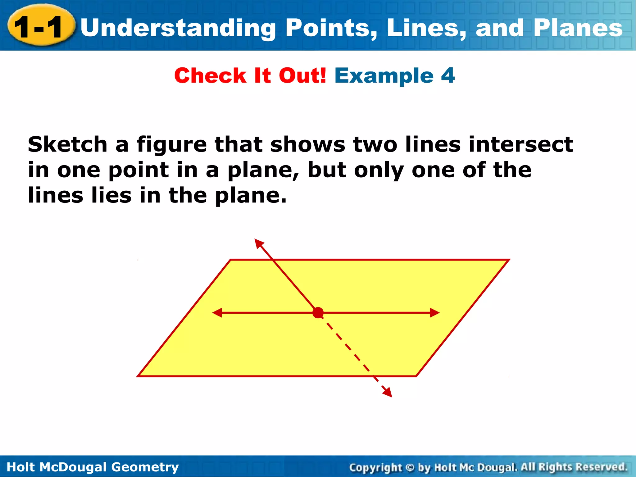 1-1 Understanding Points, Lines, and Planes
Check It Out! Example 4
Sketch a figure that shows two lines intersect
in one point in a plane, but only one of the
lines lies in the plane.

Holt McDougal Geometry

 