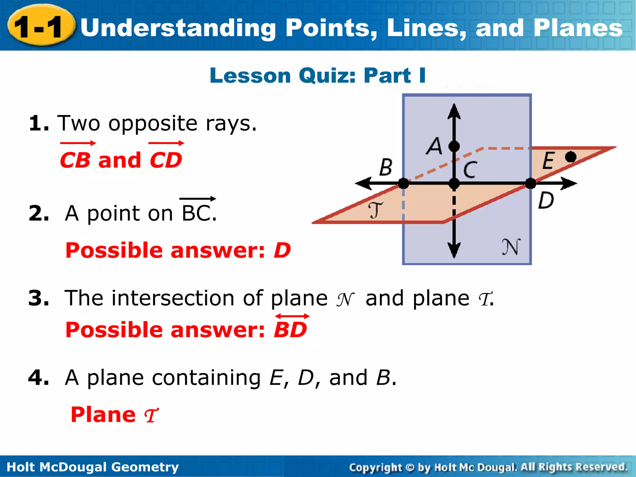 1-1 Understanding Points, Lines, and Planes
Lesson Quiz: Part I
1. Two opposite rays.
CB and CD
2. A point on BC.
Possible answer: D
3. The intersection of plane N and plane T.
Possible answer: BD
4. A plane containing E, D, and B.
Plane T
Holt McDougal Geometry

 