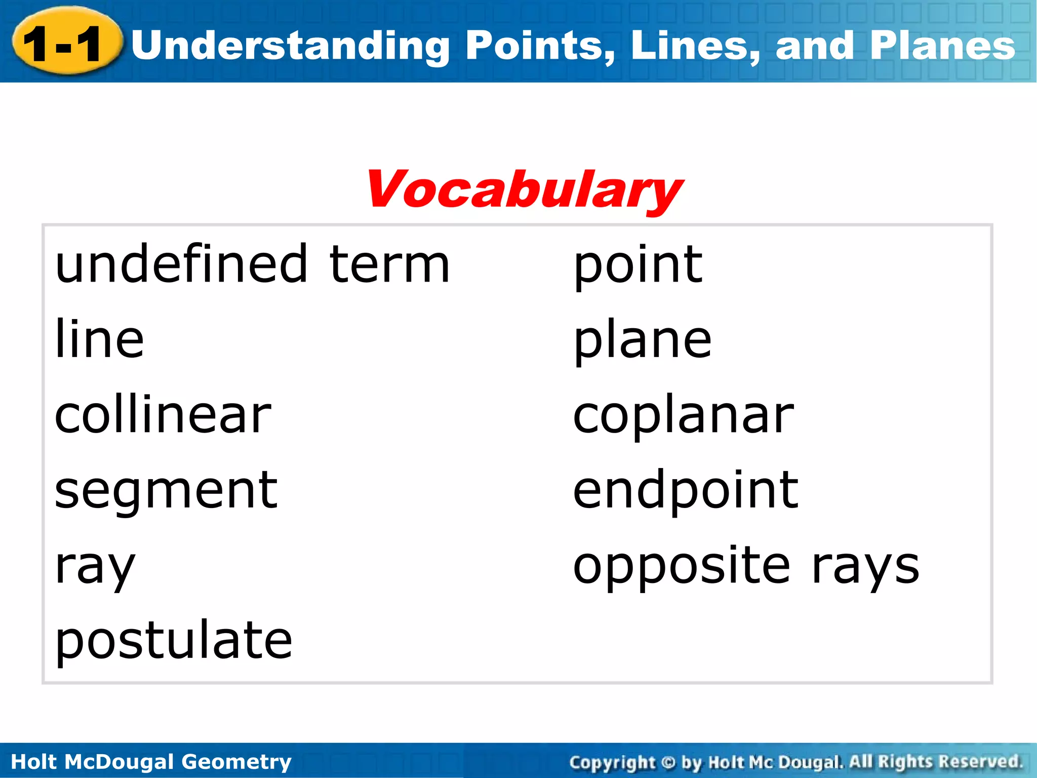 1-1 Understanding Points, Lines, and Planes

Vocabulary
undefined term
point
line
plane
collinear
coplanar
segment
endpoint
ray
opposite rays
postulate
Holt McDougal Geometry

 