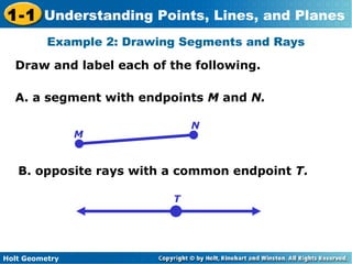 Holt Geometry
1-1 Understanding Points, Lines, and Planes
Example 2: Drawing Segments and Rays
Draw and label each of the following.
A. a segment with endpoints M and N.
B. opposite rays with a common endpoint T.
M
N
T
 