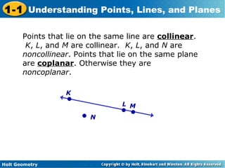Holt Geometry
1-1 Understanding Points, Lines, and Planes
Points that lie on the same line are collinear.
K, L, and M are collinear. K, L, and N are
noncollinear. Points that lie on the same plane
are coplanar. Otherwise they are
noncoplanar.
M
K
L
N
 