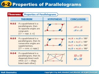 Holt Geometry
6-2 Properties of Parallelograms
 