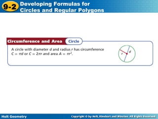 Holt Geometry
9-2
Developing Formulas for
Circles and Regular Polygons
 
