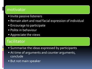 motivator 
• Invite passive listeners 
• Remain alert and read facial expression of individual 
• Encourage to participate 
• Polite in behaviour 
• Appreciate the views 
facilitator 
• Summarise the ideas expressed by participants 
• At time of arguments and counter arguments, 
conclude 
• But not main speaker 
 