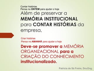Pensa no ONTEM para ajudar o hoje 
Além de preservar a 
MEMÓRIA INSTITUCIONAL 
para CONTAR HISTÓRIAS da 
empresa, 
Deve-se promover a MEMÓRIA 
ORGANIZACIONAL para a 
CRIAÇÃO DO CONHECIMENTO 
institucionalizado. 
Patricia de Sá Freire, Dra.Eng. 
Contar histórias 
Criar histórias 
Pensa no AMANHÃ para ajudar o hoje 
 
