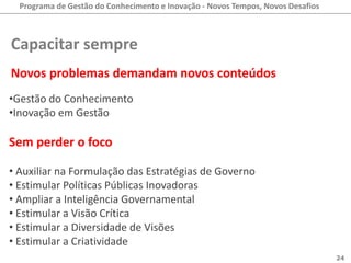 Programa de Gestão do Conhecimento e Inovação - Novos Tempos, Novos Desafios



Capacitar sempre
Novos problemas demandam novos conteúdos
•Gestão do Conhecimento
•Inovação em Gestão

Sem perder o foco

• Auxiliar na Formulação das Estratégias de Governo
• Estimular Políticas Públicas Inovadoras
• Ampliar a Inteligência Governamental
• Estimular a Visão Crítica
• Estimular a Diversidade de Visões
• Estimular a Criatividade
                                                                                 24
 