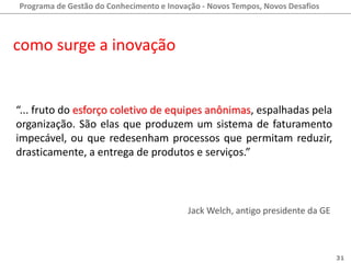 Programa de Gestão do Conhecimento e Inovação - Novos Tempos, Novos Desafios



como surge a inovação


“... fruto do esforço coletivo de equipes anônimas, espalhadas pela
organização. São elas que produzem um sistema de faturamento
impecável, ou que redesenham processos que permitam reduzir,
drasticamente, a entrega de produtos e serviços.”



                                          Jack Welch, antigo presidente da GE



                                                                                31
 