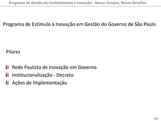 Programa de Gestão do Conhecimento e Inovação - Novos Tempos, Novos Desafios




Programa de Estímulo à Inovação em Gestão do Governo de São Paulo




 Pilares

   Rede Paulista de Inovação em Governo
   Institucionalização - Decreto
   Ações de Implementação




                                                                                 36
 