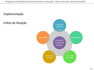 Programa de Gestão do Conhecimento e Inovação - Novos Tempos, Novos Desafios




Implementação

Linhas de Atuação




                                                                                43
 
