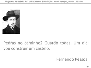 Programa de Gestão do Conhecimento e Inovação - Novos Tempos, Novos Desafios




Pedras no caminho? Guardo todas. Um dia
vou construir um castelo.

                                                  Fernando Pessoa
                                                                               54
 