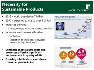 Necessity for
Sustainable Products
• 2012 - world population 7 billion
• 2050 - expected to rise to over 9 billion
• Increases demand
• food, energy, water, resources, chemicals
• Increases environmental burden
• pollution
• depletion of finite non-renewable
resources (e.g. fossil fuels)
• Synthetic chemical products and
processes afford a significant
improvement in quality of life
• Growing middle class want these
consumer products too
 