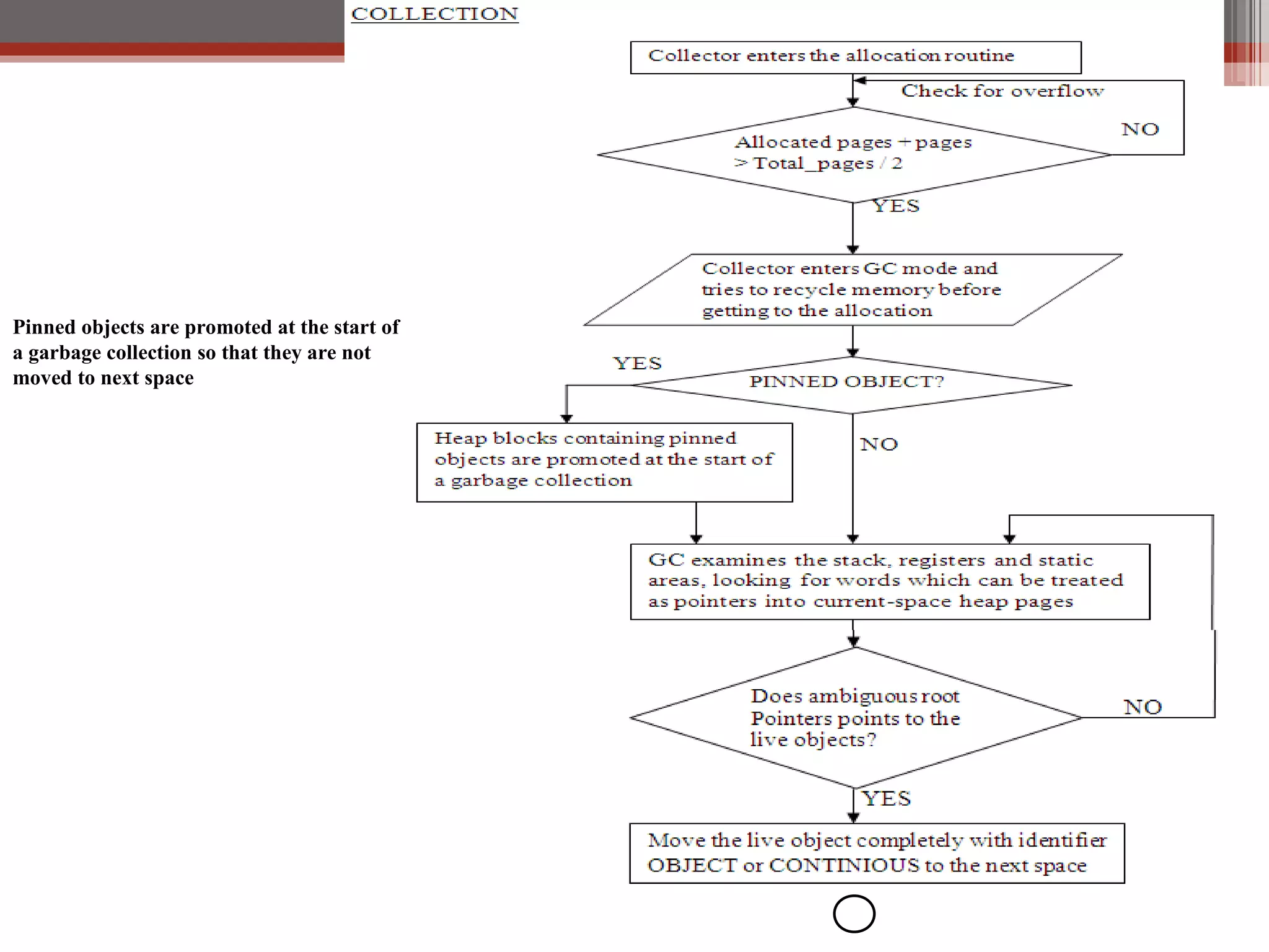 Pinned objects are promoted at the start of a garbage collection so that they are not moved to next space 