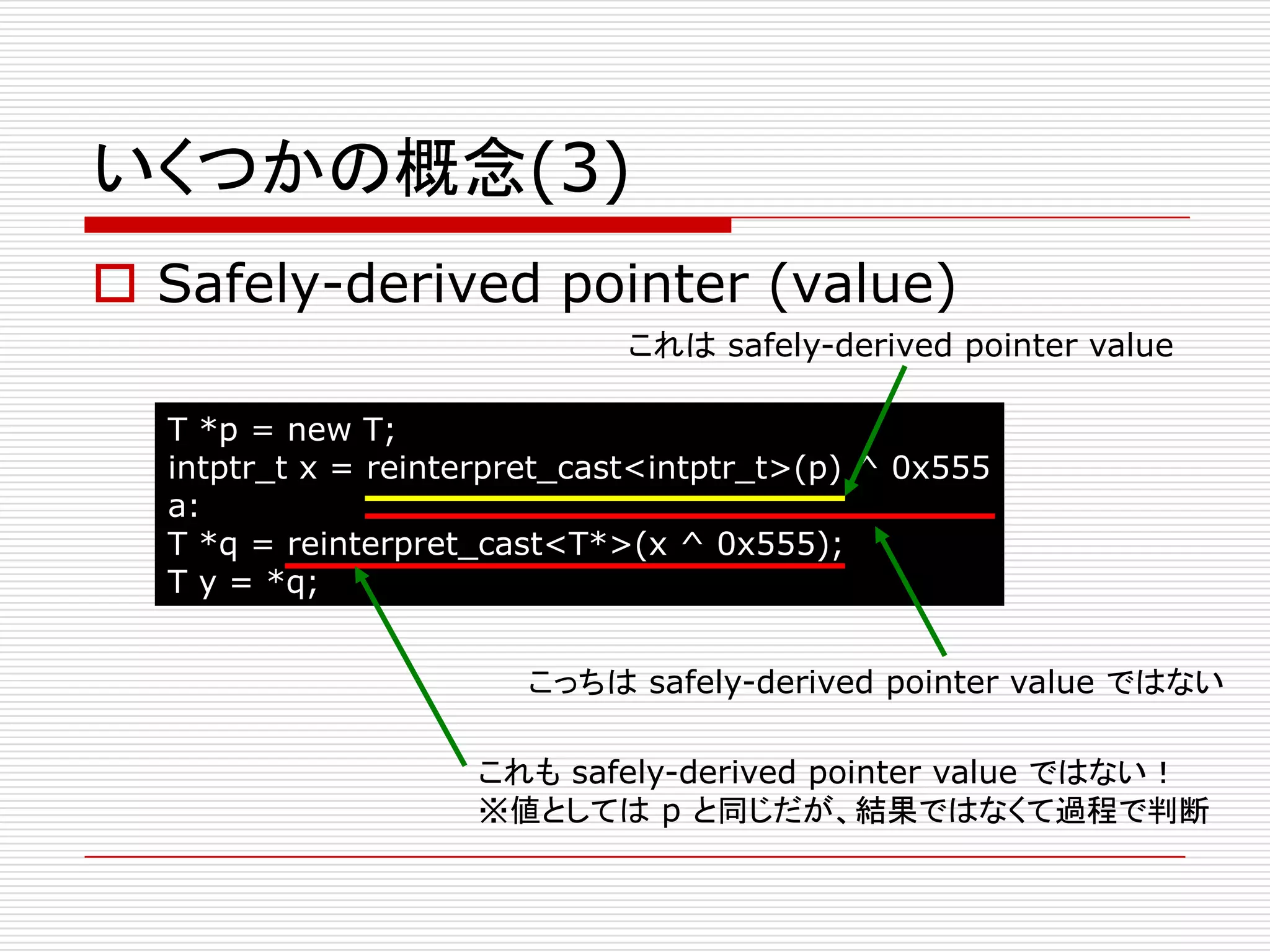 いくつかの概念(3)
 Safely-derived pointer (value)
                             これは safely-derived pointer value

  T *p = new T;
  intptr_t x = reinterpret_cast<intptr_t>(p) ^ 0x555
  a:
  T *q = reinterpret_cast<T*>(x ^ 0x555);
  T y = *q;


                       こっちは safely-derived pointer value ではない

                    これも safely-derived pointer value ではない！
                    ※値としては p と同じだが、結果ではなくて過程で判断
 