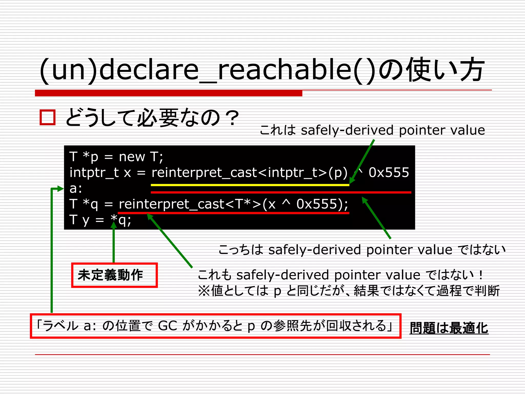 (un)declare_reachable()の使い方
 どうして必要なの？                   これは safely-derived pointer value

   T *p = new T;
   intptr_t x = reinterpret_cast<intptr_t>(p) ^ 0x555
   a:
   T *q = reinterpret_cast<T*>(x ^ 0x555);
   T y = *q;

                        こっちは safely-derived pointer value ではない
    未定義動作            これも safely-derived pointer value ではない！
                     ※値としては p と同じだが、結果ではなくて過程で判断

「ラベル a: の位置で GC がかかると p の参照先が回収される」                 問題は最適化
 