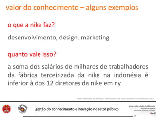 gestão do conhecimento e inovação no setor público
24
fonte: entrevista do professor antônio barros de castro ao jornal do economista, 2001
o que a nike faz?
desenvolvimento, design, marketing
quanto vale isso?
a soma dos salários de milhares de trabalhadores
da fábrica terceirizada da nike na indonésia é
inferior à dos 12 diretores da nike em ny
valor do conhecimento – alguns exemplos
 