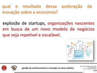 gestão do conhecimento e inovação no setor público
32
explosão de startups, organizações nascentes
em busca de um novo modelo de negócios
que seja repetível e escalável.
qual o resultado dessa aceleração da
inovação sobre a economia?
 