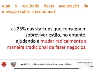 gestão do conhecimento e inovação no setor público
34
as 25% das startups que conseguem
sobreviver estão, no entanto,
ajudando a mudar radicalmente a
maneira tradicional de fazer negócios.
qual o resultado dessa aceleração da
inovação sobre a economia?
 