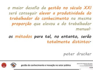 gestão do conhecimento e inovação no setor público
52
o maior desafio da gestão no século XXI
será conseguir elevar a produtividade do
trabalhador do conhecimento na mesma
proporção que elevou a do trabalhador
manual.
os métodos para tal, no entanto, serão
totalmente distintos.
peter drucker
 