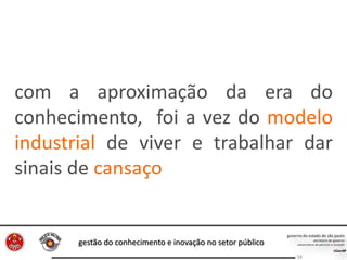 gestão do conhecimento e inovação no setor público
58
com a aproximação da era do
conhecimento, foi a vez do modelo
industrial de viver e trabalhar dar
sinais de cansaço
 