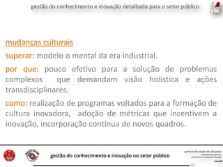 gestão do conhecimento e inovação no setor público
68
mudanças culturais
superar: modelo o mental da era industrial.
por que: pouco efetivo para a solução de problemas
complexos que demandam visão holística e ações
transdisciplinares.
como: realização de programas voltados para a formação de
cultura inovadora, adoção de métricas que incentivem a
inovação, incorporação contínua de novos quadros.
 