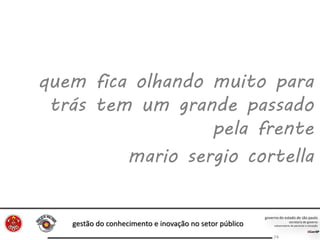 gestão do conhecimento e inovação no setor público
74
quem fica olhando muito para
trás tem um grande passado
pela frente
mario sergio cortella
 