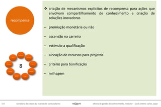 oficina de gestão do conhecimento, módulo I - josé antônio carlos, pepe103 secretaria de estado da fazenda de santa catarina
 criação de mecanismos explícitos de recompensa para ações que
envolvam compartilhamento de conhecimento e criação de
soluções inovadoras
– premiação monetária ou não
– ascensão na carreira
– estímulo a qualificação
– alocação de recursos para projetos
– critério para bonificação
– milhagem
recompensa
8
 