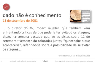 oficina de gestão do conhecimento, módulo I - josé antônio carlos, pepe11 secretaria de estado da fazenda de santa catarina
... o diretor do fbi, robert mueller, que também vem
enfrentando críticas de que poderia ter evitado os ataques,
disse, na semana passada que, se as pistas sobre 11 de
setembro tivessem sido colocadas juntas, "quem sabe o que
aconteceria", referindo-se sobre a possibilidade de se evitar
os ataques ...
fonte: bbc brasil, in site da bbc, 03/06/2002
dado não é conhecimento
11 de setembro de 2001
 