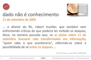 oficina de gestão do conhecimento, módulo I - josé antônio carlos, pepe12 secretaria de estado da fazenda de santa catarina
... o diretor do fbi, robert mueller, que também vem
enfrentando críticas de que poderia ter evitado os ataques,
disse, na semana passada que, se as pistas sobre 11 de
setembro tivessem sido transformadas em informação,
"quem sabe o que aconteceria", referindo-se sobre a
possibilidade de se evitar os ataques ...
fonte: bbc brasil, in site da bbc, 03/06/2002
dado não é conhecimento
11 de setembro de 2001
 