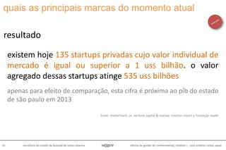 oficina de gestão do conhecimento, módulo I - josé antônio carlos, pepe36 secretaria de estado da fazenda de santa catarina
existem hoje 135 startups privadas cujo valor individual de
mercado é igual ou superior a 1 us$ bilhão. o valor
agregado dessas startups atinge 535 us$ bilhões
apenas para efeito de comparação, esta cifra é próxima ao pib do estado
de são paulo em 2013
fonte: mattermark, us venture capital & startup traction report e fundação seade
resultado
quais as principais marcas do momento atual
 