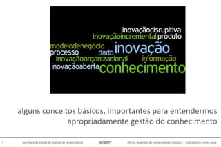 oficina de gestão do conhecimento, módulo I - josé antônio carlos, pepe4 secretaria de estado da fazenda de santa catarina
alguns conceitos básicos, importantes para entendermos
apropriadamente gestão do conhecimento
 