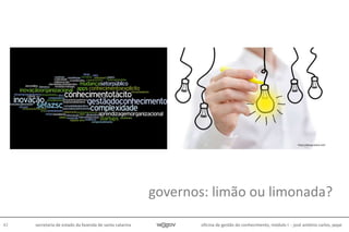 oficina de gestão do conhecimento, módulo I - josé antônio carlos, pepe42 secretaria de estado da fazenda de santa catarina
governos: limão ou limonada?
https://designshack.net/
 