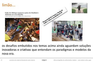 oficina de gestão do conhecimento, módulo I - josé antônio carlos, pepe49 secretaria de estado da fazenda de santa catarina
os desafios embutidos nos temas acima ainda aguardam soluções
inovadoras e criativas que entendam os paradigmas e modelos da
nova era.
limão...
 