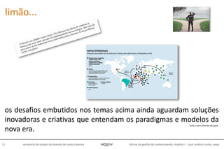 oficina de gestão do conhecimento, módulo I - josé antônio carlos, pepe53 secretaria de estado da fazenda de santa catarina
fonte: o dia e folha de são paulo
limão...
os desafios embutidos nos temas acima ainda aguardam soluções
inovadoras e criativas que entendam os paradigmas e modelos da
nova era.
 