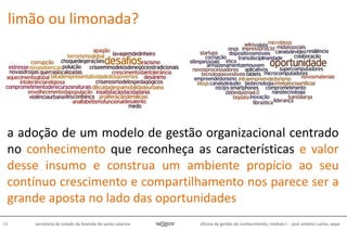 oficina de gestão do conhecimento, módulo I - josé antônio carlos, pepe55 secretaria de estado da fazenda de santa catarina
a adoção de um modelo de gestão organizacional centrado
no conhecimento que reconheça as características e valor
desse insumo e construa um ambiente propício ao seu
contínuo crescimento e compartilhamento nos parece ser a
grande aposta no lado das oportunidades
limão ou limonada?
 