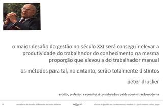 oficina de gestão do conhecimento, módulo I - josé antônio carlos, pepe79 secretaria de estado da fazenda de santa catarina
o maior desafio da gestão no século XXI será conseguir elevar a
produtividade do trabalhador do conhecimento na mesma
proporção que elevou a do trabalhador manual
os métodos para tal, no entanto, serão totalmente distintos
peter drucker
escritor, professor e consultor. é considerado o pai da administração moderna
 
