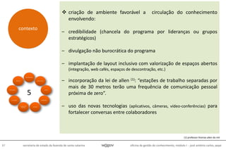 oficina de gestão do conhecimento, módulo I - josé antônio carlos, pepe87 secretaria de estado da fazenda de santa catarina
 criação de ambiente favorável a circulação do conhecimento
envolvendo:
– credibilidade (chancela do programa por lideranças ou grupos
estratégicos)
– divulgação não burocrática do programa
– implantação de layout inclusivo com valorização de espaços abertos
(integração, web cafés, espaços de descontração, etc.)
– incorporação da lei de allen (1): “estações de trabalho separadas por
mais de 30 metros terão uma frequência de comunicação pessoal
próxima de zero”.
– uso das novas tecnologias (aplicativos, câmeras, vídeo-conferências) para
fortalecer conversas entre colaboradores
contexto
5
(1) professor thomas allen do mit
 