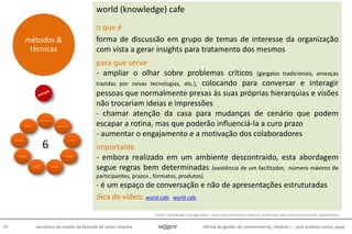 oficina de gestão do conhecimento, módulo I - josé antônio carlos, pepe99 secretaria de estado da fazenda de santa catarina
world (knowledge) cafe
o que é
forma de discussão em grupo de temas de interesse da organização
com vista a gerar insights para tratamento dos mesmos
para que serve
- ampliar o olhar sobre problemas críticos (gargalos tradicionais, ameaças
trazidas por novas tecnologias, etc.), colocando para conversar e interagir
pessoas que normalmente presas às suas próprias hierarquias e visões
não trocariam ideias e impressões
- chamar atenção da casa para mudanças de cenário que podem
escapar a rotina, mas que poderão influenciá-la a curo prazo
- aumentar o engajamento e a motivação dos colaboradores
importante
- embora realizado em um ambiente descontraído, esta abordagem
segue regras bem determinadas (existência de um facilitador, número máximo de
participantes, prazos , formatos, produtos)
- é um espaço de conversação e não de apresentações estruturadas
dica de vídeo: world cafe, world cafe
métodos &
técnicas
6
fonte: knowledge management - tools and techniques manual. publicado pela asian productivity organization
 