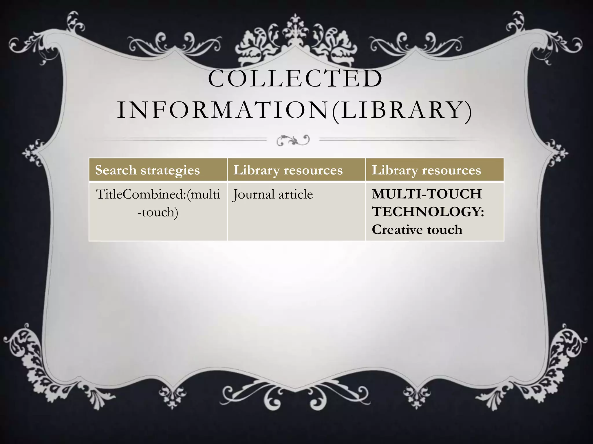 COLLECTED
   INFORMATION(LIBRARY)

Search strategies     Library resources   Library resources
TitleCombined:(multi Journal article      MULTI-TOUCH
       -touch)                            TECHNOLOGY:
                                          Creative touch
 