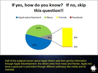 Half of the subjects known about Apple Watch said their got the information 
through Apple Advertisement, the others were from news and friends. Apple has 
done a good job in promotion through different pathways like media and its 
mainsite. 
 