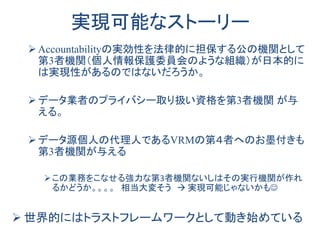 実現可能なストーリー 
Accountabilityの実効性を法律的に担保する公の機関として 第3者機関（個人情報保護委員会のような組織）が日本的に は実現性があるのではないだろうか。 
データ業者のプライバシー取り扱い資格を第3者機関 が与 える。 
データ源個人の代理人であるVRMの第４者へのお墨付きも 第3者機関が与える 
この業務をこなせる強力な第3者機関ないしはその実行機関が作れ るかどうか。。。。 相当大変そう  実現可能じゃないかも 
世界的にはトラストフレームワークとして動き始めている  