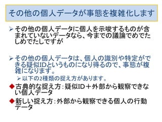 個人データを収集したデータ事業者は、仮名化し、対応表を持って 
いるので、匿名化された個人データの開示、訂正、消去はできます。 
匿名化の安全性を高めるには、個人1人に多数の仮名をつけます。（1時間毎に異 
なる仮名に更新など）. この場合も面倒くさいけど、 これらの対応を使えばできます 
個人ＩＤ（氏名など） その他の個人データ 
個人ＩＤ 
（氏名など） 
仮名 
（A123B など） 
仮名 
（A123B など） 
その他の個人データ 
この（個人ＩＤ、仮 
名）の対応表は 
厳重に管理 
データ利活用（マイニン 
グ）はこっちのレコードだけ 
で行うので安全 
個人からの要請による 
開示、訂正、消去は仮名 
で対応付けすればできる 
個人ＩＤ 
（氏名など） 
仮名：A123B4 
仮名：C1263B 
仮名：X91234 
仮名：Z12345 
仮名：A123B4 その他の個人データ:1 
仮名：C1263B その他の個人データ:2 
仮名：X91234 その他の個人データ:3 
仮名：Z12345 その他の個人データ:4 
2個のレコードに分解 
 