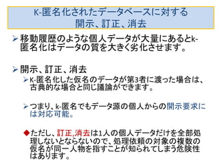 K-匿名化されたデータベースに対する 開示、訂正、消去 
移動履歴のような個人データが大量にあるとk-匿名化 はデータの質を大きく劣化させます。 
仮名を頻繁に更新してしまえば、同じ仮名に対する （仮名、個人データ）は少ないので、仮名を単位として k-匿名化すれば、安全性はあがり、データ精度劣化も 抑えられます。 
したがって、悪意のある第3者に渡しても危険性は抑えら れます。 
同一仮名を使う時間が短い（１時間、あるいは半日程 度）のであれば、その同一仮名の時間内だけでk-匿名 化するので、類似の行動の人が同一の行動履歴にな りやすく、k-匿名化は効果的です。  