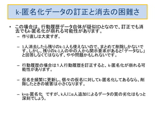 移動履歴の２つの見方 
場所（駅名 など） 
A 
B 
C 
D 
E 
F 
G 
個 人 ＩＤ（氏 名 な ど） 
伊藤 
1 
1 
1 
1 
加藤 
1 
1 
1 
田中 
1 
1 
1 
山下 
1 
1 
1 
渡辺 
1 
1 
1 
列和 
3 
3 
2 
2 
2 
1 
3 
移動経路 
A-B 
A-C 
B-D 
C-D 
B-E 
D-G 
E-G 
C-F 
個 人 ＩＤ（氏 名 な ど） 
伊藤 
1 
1 
1 
加藤 
1 
1 
田中 
1 
1 
山下 
1 
1 
渡辺 
1 
1 
列和 
2 
1 
1 
1 
2 
2 
1 
1 
A 
B 
C 
D 
G 
F 
E 
田中を追い出せば、 
列和 ≥ ２ 
誰を追い出しても 
列和 ≥ ２ にならない。む しろ、グループの人数を増 やすべきでしょう。 
列和 ≥ k という条件を満たすには、場所データのほうが 移動経路データより少ない人数のグループでよさそうなの で、データ精度も高いようです。  