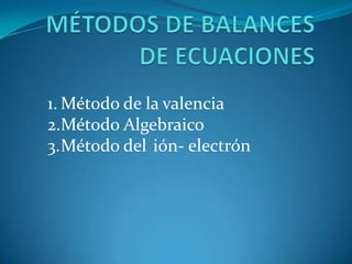 MÉTODOS DE BALANCES DE ECUACIONES Método de la valencia Método Algebraico Método del 	ión- electrón 