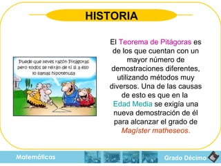 Grado Décimo Matemáticas HISTORIA El  Teorema de Pitágoras  es de los que cuentan con un mayor número de demostraciones diferentes, utilizando métodos muy diversos. Una de las causas de esto es que en la  Edad Media  se exigía una nueva demostración de él para alcanzar el grado de  Magíster matheseos . 
