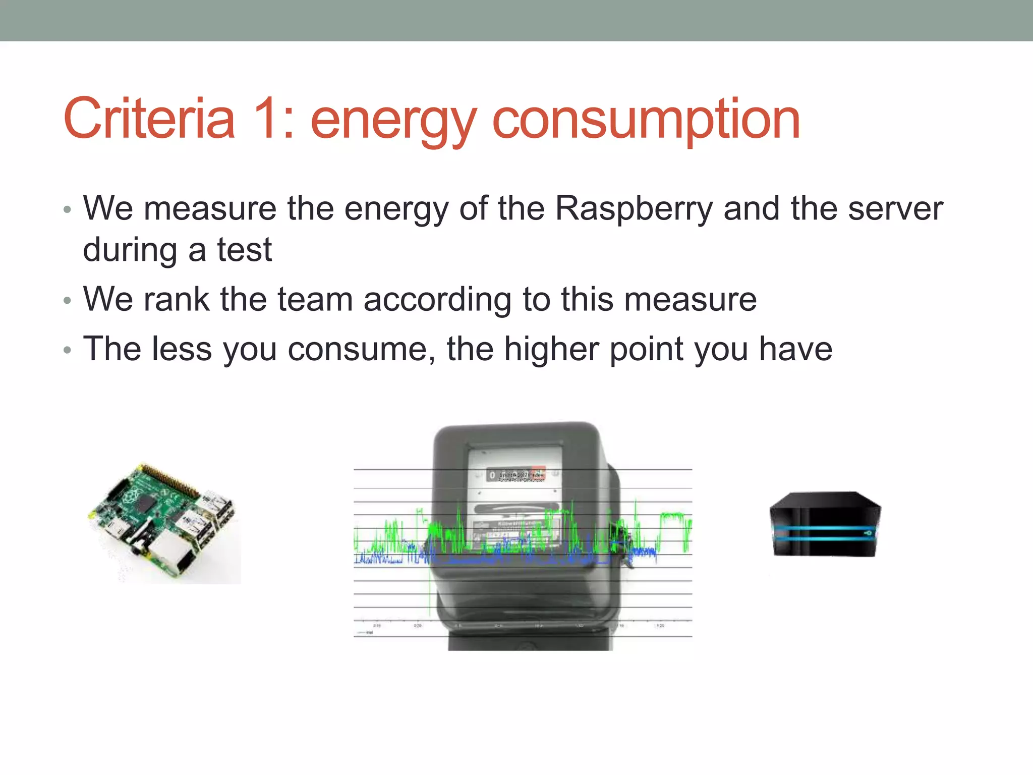 Criteria 1: energy consumption
• We measure the energy of the Raspberry and the server
during a test
• We rank the team according to this measure
• The less you consume, the higher point you have
 