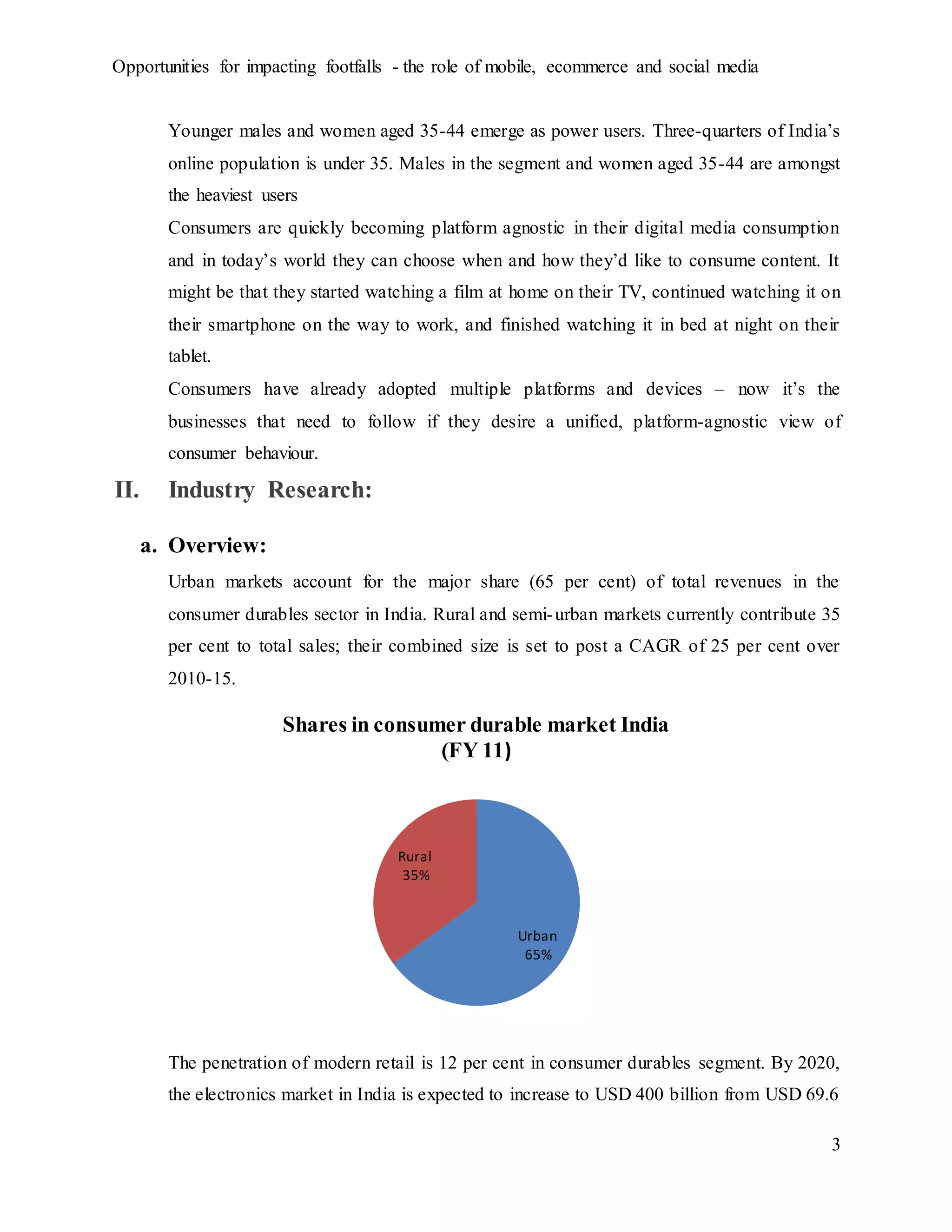 Opportunities for impacting footfalls - the role of mobile, ecommerce and social media
3
Younger males and women aged 35-44 emerge as power users. Three-quarters of India’s
online population is under 35. Males in the segment and women aged 35-44 are amongst
the heaviest users
Consumers are quickly becoming platform agnostic in their digital media consumption
and in today’s world they can choose when and how they’d like to consume content. It
might be that they started watching a film at home on their TV, continued watching it on
their smartphone on the way to work, and finished watching it in bed at night on their
tablet.
Consumers have already adopted multiple platforms and devices – now it’s the
businesses that need to follow if they desire a unified, platform-agnostic view of
consumer behaviour.
II. Industry Research:
a. Overview:
Urban markets account for the major share (65 per cent) of total revenues in the
consumer durables sector in India. Rural and semi-urban markets currently contribute 35
per cent to total sales; their combined size is set to post a CAGR of 25 per cent over
2010-15.
The penetration of modern retail is 12 per cent in consumer durables segment. By 2020,
the electronics market in India is expected to increase to USD 400 billion from USD 69.6
Urban
65%
Rural
35%
Shares in consumer durable market India
(FY 11)
 