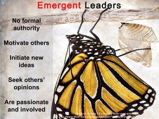 Emergent Leaders
  No formal
  authority

Motivate others

 Initiate new
     ideas

 Seek others’
  opinions

Are passionate
 and involved                  Photo cc license 2.0 courtesy flickr user aussiegal
                  http://www.flickr.com/photos/aussiegall/7196082472/sizes/l/in/photostream/
 