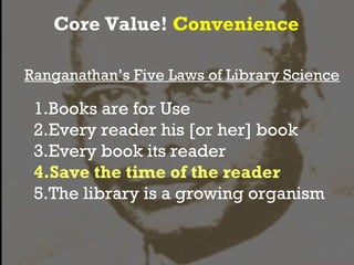 Core Value! Convenience

Ranganathan’s Five Laws of Library Science

 1.Books are for Use
 2.Every reader his [or her] boo...